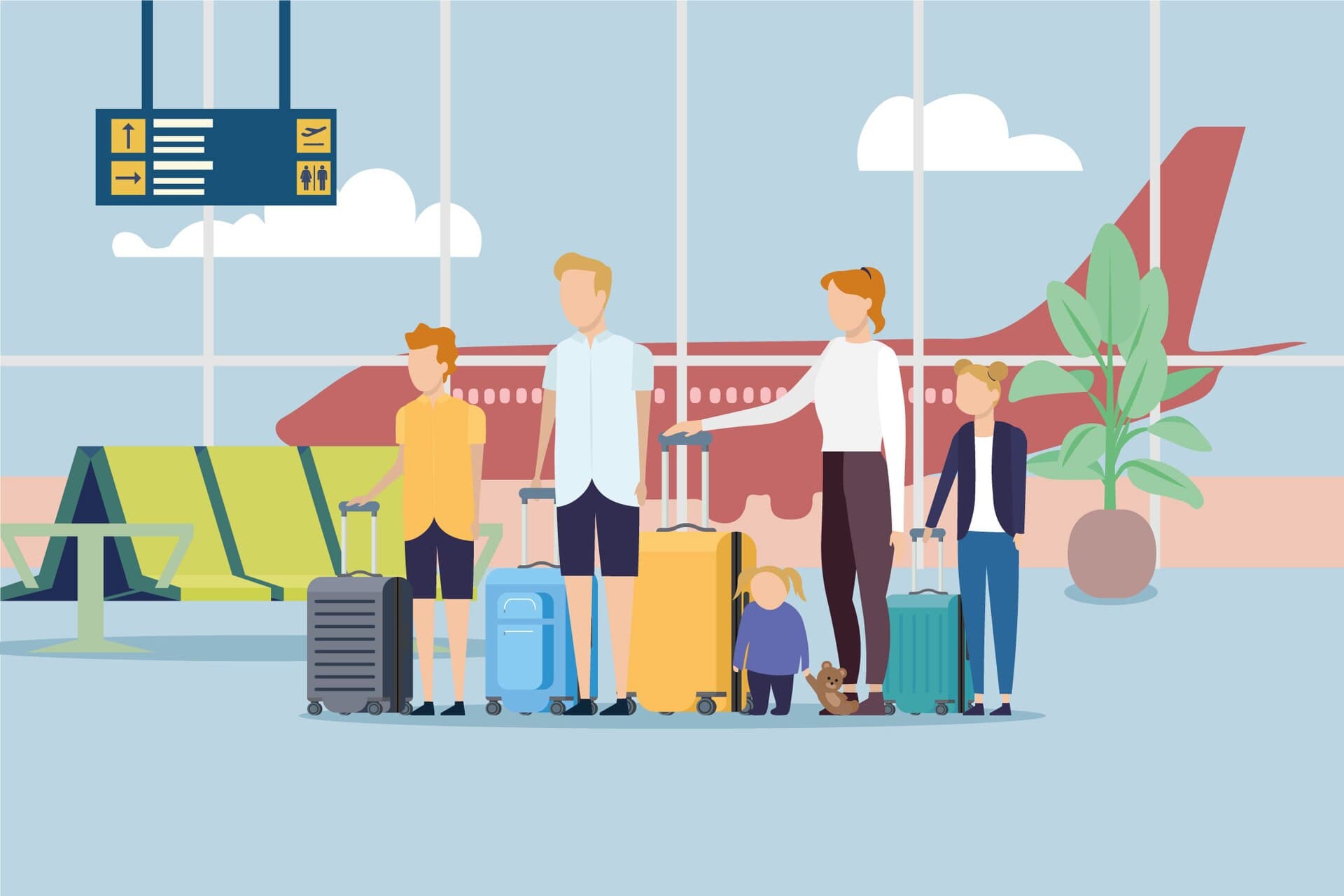 A family with suitcases waiting at an airport while a plane sits on the runway